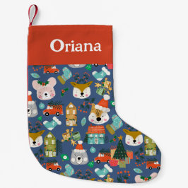 Weihnachts-Strümpfe Woodland Santa Animals Blue Kleiner Weihnachtsstrumpf