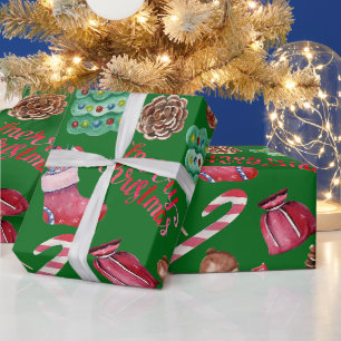 Weihnachts Süßigkeiten und Dekorationen Grün Geschenkpapier