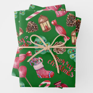 Weihnachts Süßigkeiten und Dekorationen Grün Geschenkpapier Set