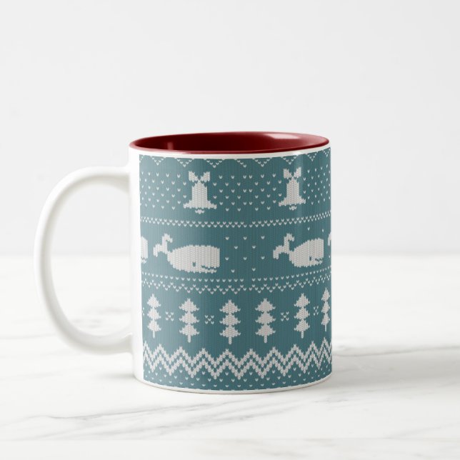 Weihnachts-Sweater-Knitter-Muster Whale Winter Zweifarbige Tasse (Links)
