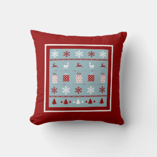 Weihnachts-Sweater-Muster, weiß, rot und blau Kissen