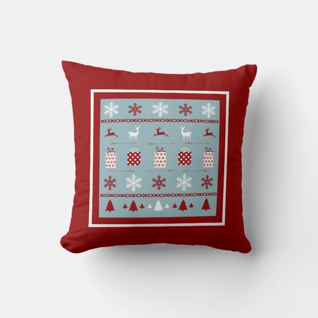 Weihnachts-Sweater-Muster, weiß, rot und blau Kissen (Vorderseite)