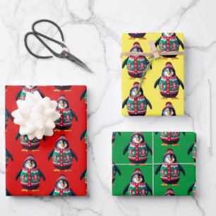Weihnachts-Sweater-Pinguin Geschenkpapier Set
