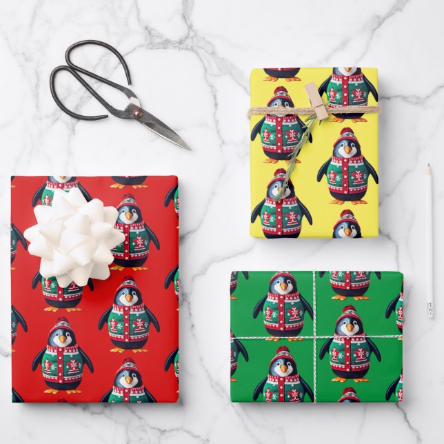 Weihnachts-Sweater-Pinguin Geschenkpapier Set (Vorderseite)