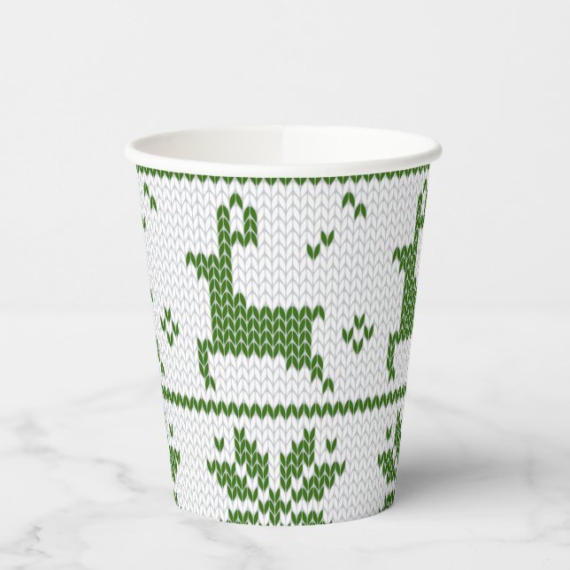 Weihnachts-Sweater-Strick Grüne Hirsche Schneefloc Pappbecher (Links)