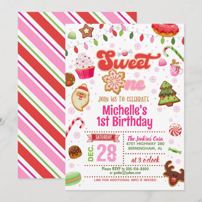 Weihnachts Sweet One Birthday Einladung - Mädchen (Vorne/Hinten)