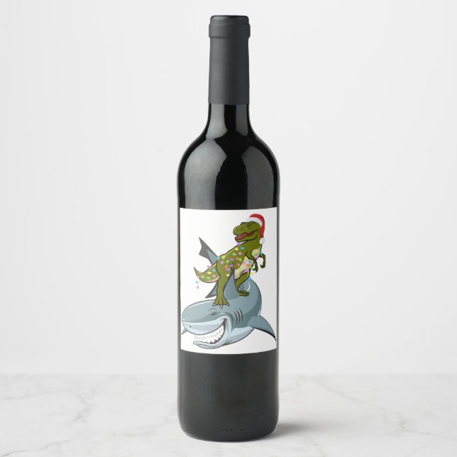 Weihnachts-T-Rex mit Weihnachtsbeleuchtung Rinding Weinetikett (Vorderseite)