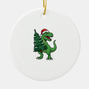 Weihnachts-T-Rex trägt Weihnachtsbaum Keramik Ornament