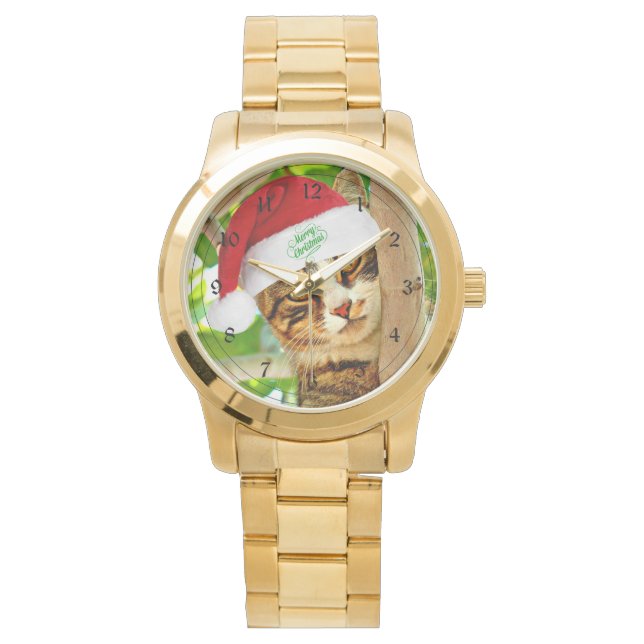 Weihnachts Tabby Katze in einem Baum Armbanduhr (Vorderseite)