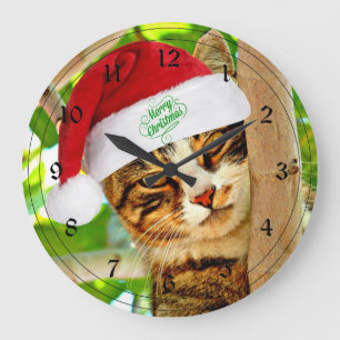 Weihnachts Tabby Katze in einem Baum Große Wanduhr