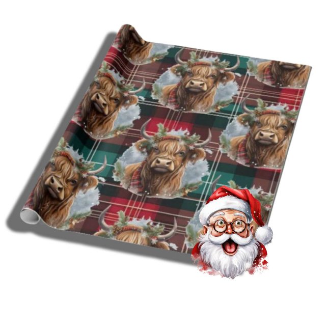 Weihnachts Tartan Jäger grün Highlander Kuh Geschenkpapier (Merry Christmas)