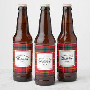 Weihnachts-Tartan Kariert Familienname Jahr Bierflaschenetikett