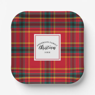 Weihnachts-Tartan Kariert Familienname Jahr Pappteller