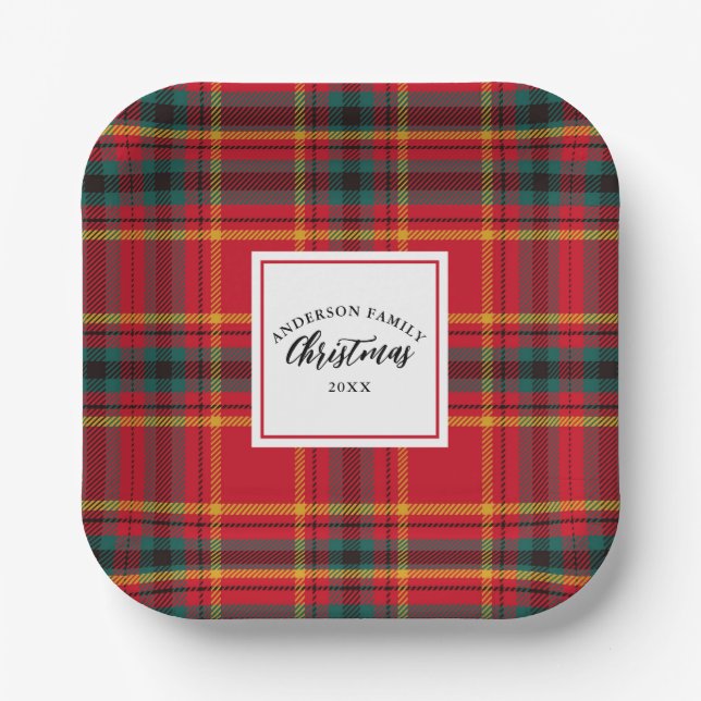 Weihnachts-Tartan Kariert Familienname Jahr Pappteller (Vorderseite)