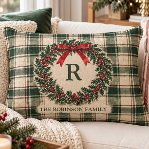 Weihnachts-Tartan-Karo-Monogramm-Familienname-Kran Dekokissen
