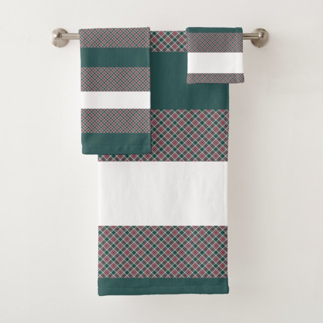 Weihnachts-Tartan-Muster mit Streifen weiß grün Badhandtuch Set (Insitu)