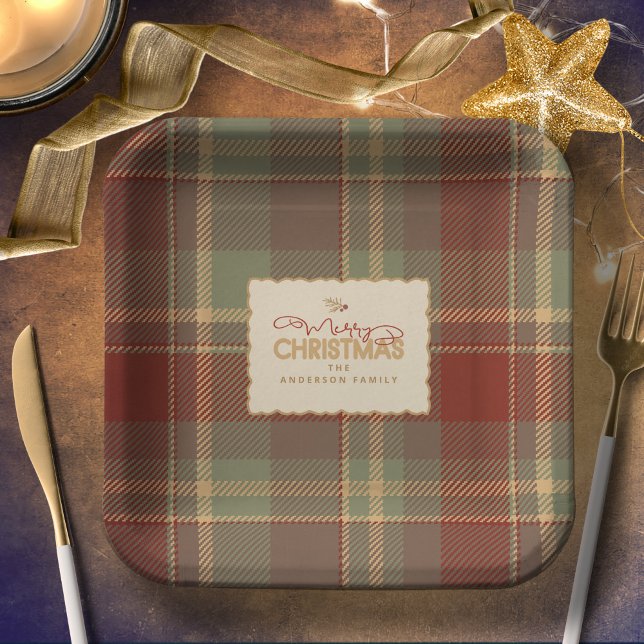 Weihnachts-Tartan Ziegelrot Grün ID1141A Pappteller (Von Creator hochgeladen)