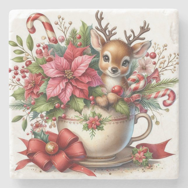 Weihnachts-Tasse Rentier 4 Steinuntersetzer (Vorderseite)
