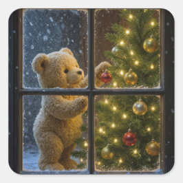 Weihnachts-Teddybär schmückt einen Baum Quadratischer Aufkleber