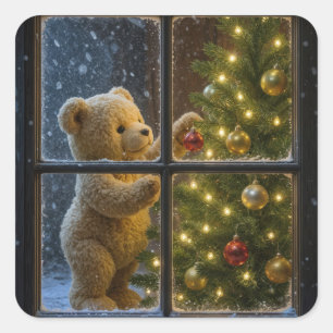 Weihnachts-Teddybär schmückt einen Baum Quadratischer Aufkleber