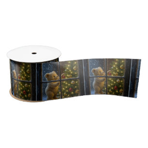 Weihnachts-Teddybär schmückt einen Baum Satinband