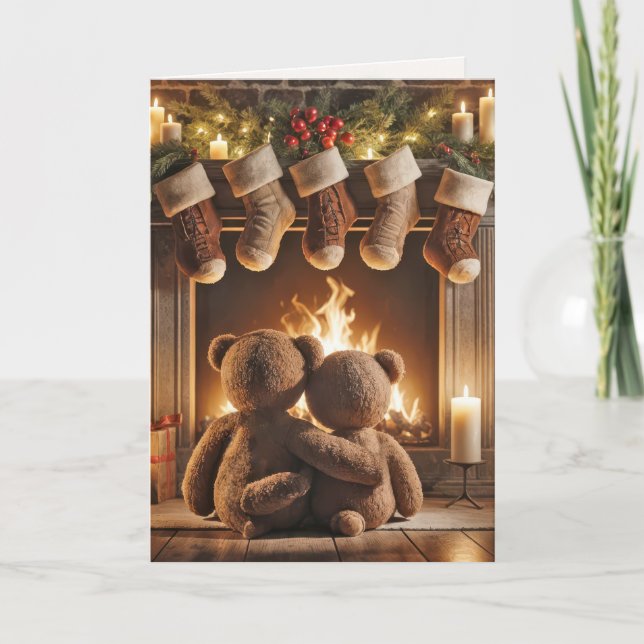 Weihnachts-Teddybären am Kamin Karte (Vorderseite)