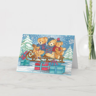 WEIHNACHTS-TEDDYBÄREN AUF SCHLITTEN MIT GESCHENKEN FEIERTAGSKARTE