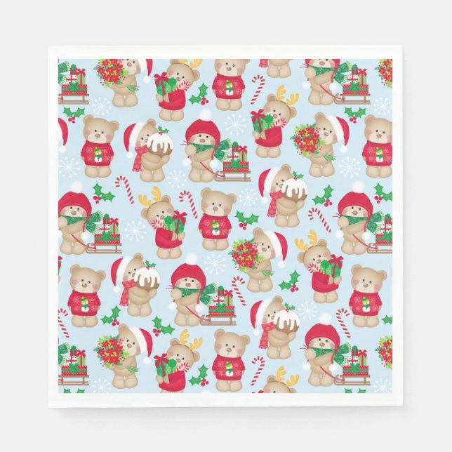 Weihnachts-Teddybären in Rot und Grünbuch Serviette (Vorderseite)