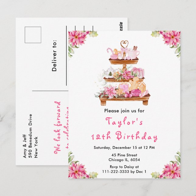 Weihnachts-Tee Geburtstagsparty Pink Postkarte (Vorne/Hinten)