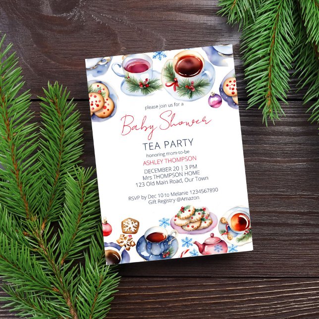 Weihnachts-Tee-Party Babyduschvorlage Einladung (Christmas tea party baby shower editable template invitation digital download watercolor tea cups)