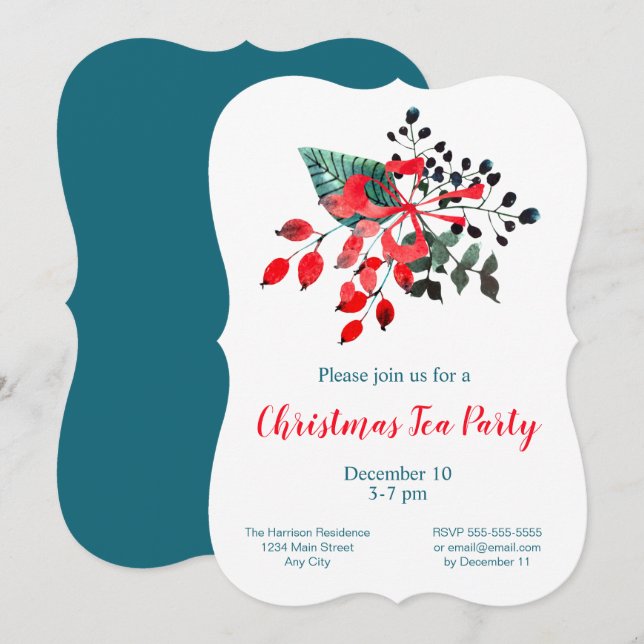 Weihnachts Tee Party Rotes Aquamarines Winter Bouq Einladung (Vorne/Hinten)