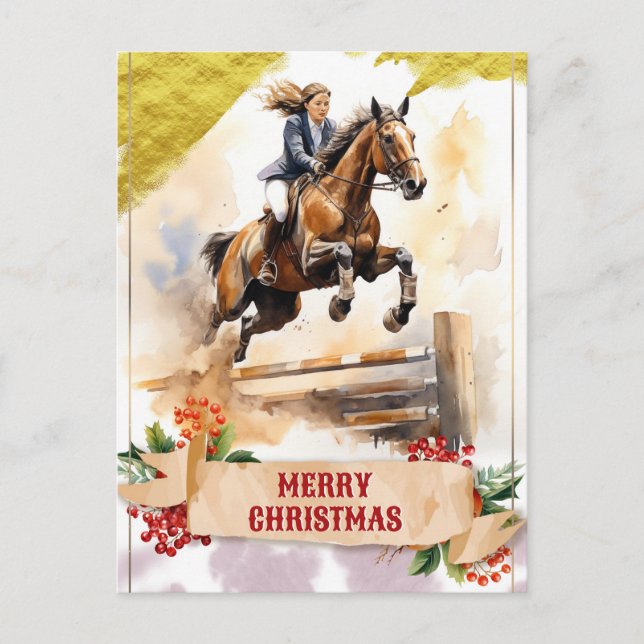 Weihnachts-Teen-Girl reiten über Jump Postkarte (Vorderseite)
