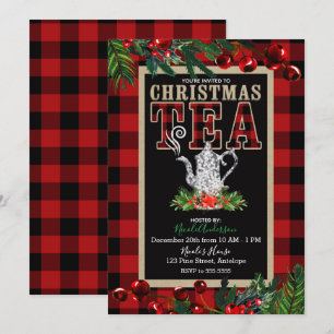 Weihnachts-Teeparty Rustikal Rot Schwarz Büffel Ka Einladung