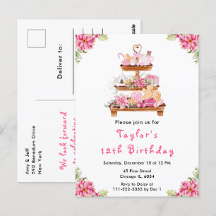 Weihnachts-Teeparty zum Geburtstag in Rosa Postkarte