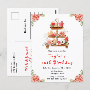 Weihnachts-Teeparty zum Geburtstag in Rot Postkarte