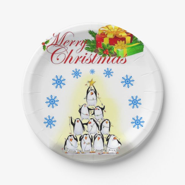 Weihnachts-Teller, Frohe Weihnachtspenguin Pappteller (Vorderseite)