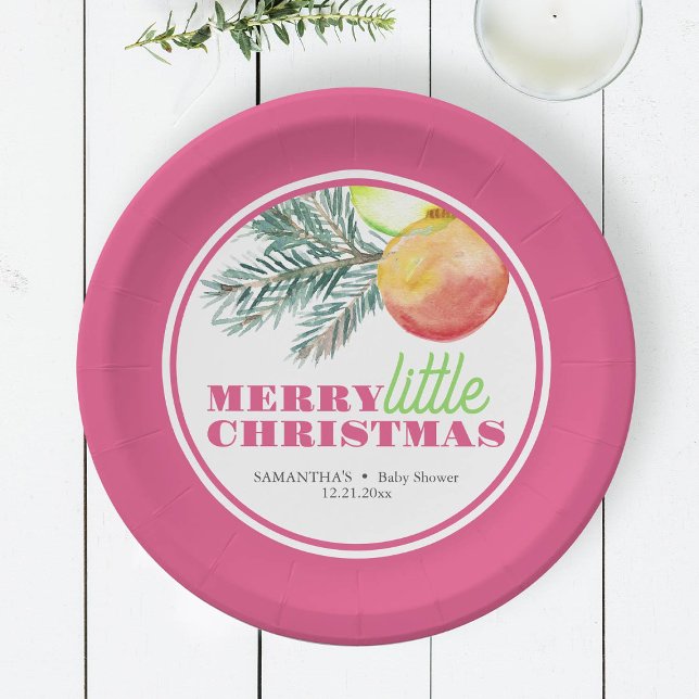 Weihnachts-Thema Kinderdusche Teller (Pink Christmas plates features watercolor bauble and pine art by Victoria Grigaliunas DoTellABelle)