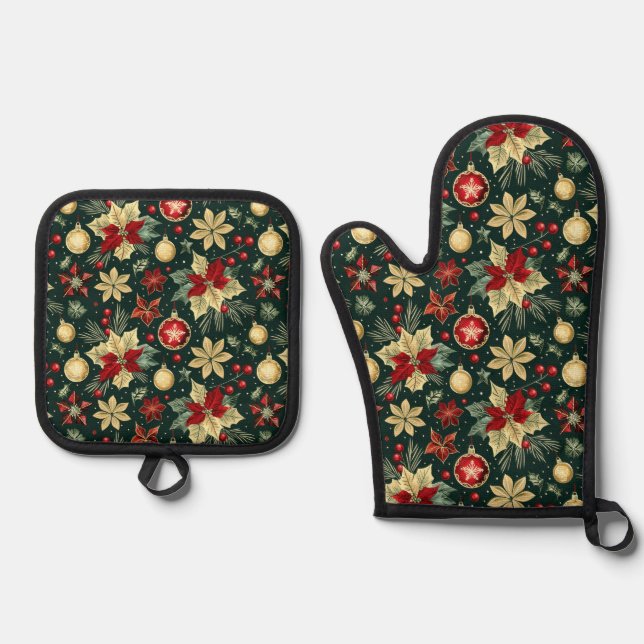 Weihnachts-Thema Poinsettia Muster Ofenhandschuh & Topflappen-Set (Vorderseite)
