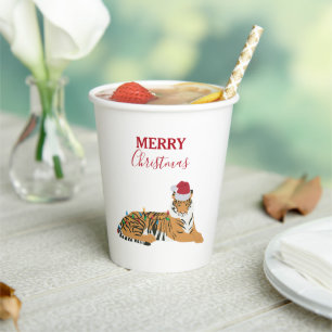Weihnachts-Tiger Funny Animal mit Weihnachtsmannmü Pappbecher