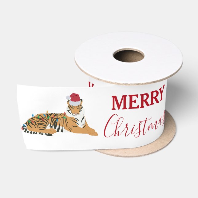 Weihnachts-Tiger Funny Animal mit Weihnachtsmannmü Satinband (Spule)