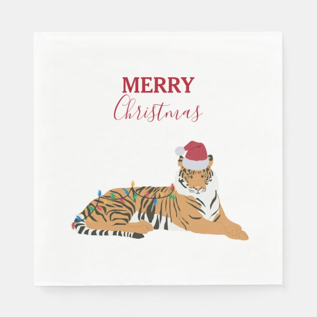 Weihnachts-Tiger Funny Animal mit Weihnachtsmannmü Serviette (Vorderseite)