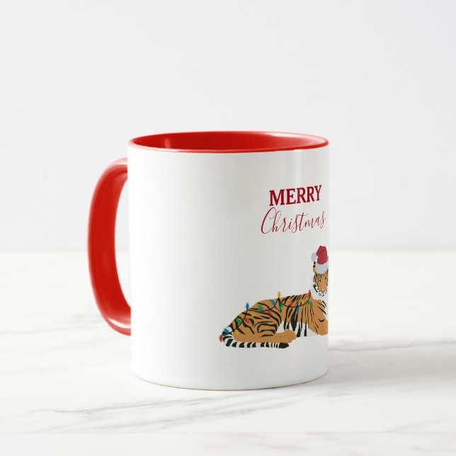 Weihnachts-Tiger Funny Animal mit Weihnachtsmannmü Tasse (Vorderseite Links)