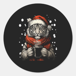 Weihnachts-Tiger mit Santa-Hut Kaffee-Liebhaber Lu Runder Aufkleber