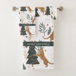 Weihnachts-Tiger und Baummuster Badhandtuch Set