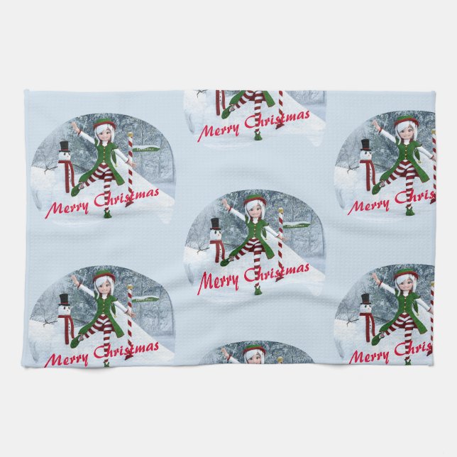 Weihnachts-Toon-Girl im Winterwald Geschirrtuch (Horizontal)