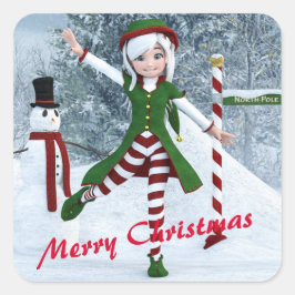 Weihnachts-Toon-Girl im Winterwald Quadratischer Aufkleber