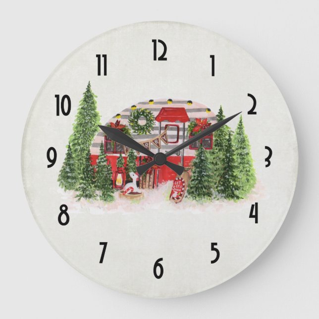 Weihnachts-Trailer-Camper Rustikales Thema Große Wanduhr (Vorderseite)