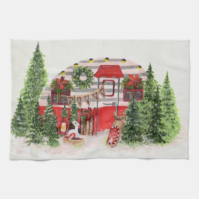 Weihnachts-Trailer-Campingplatz Outdoorsy-Thema Geschirrtuch (Horizontal)