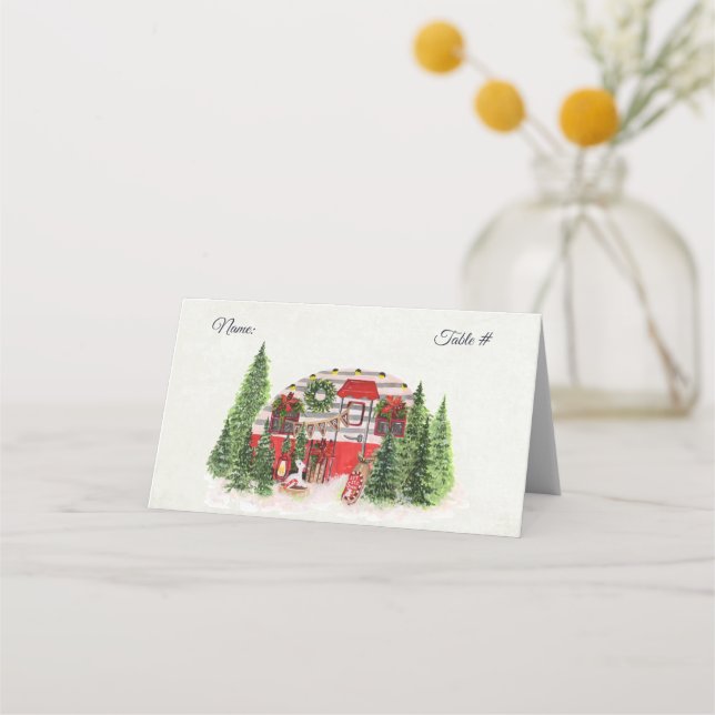 Weihnachts-Trailer-Campingplatz Outdoorsy-Thema Platzkarte (Vorderseite)