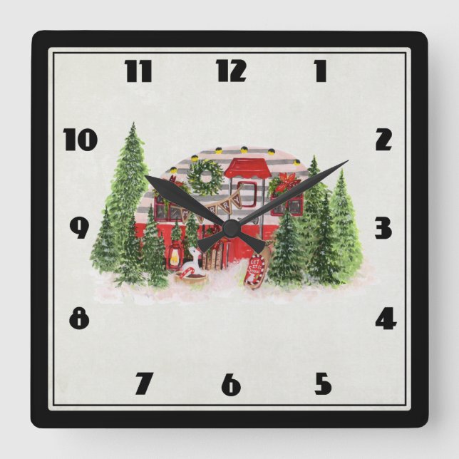 Weihnachts-Trailer-Campingplatz Outdoorsy-Thema Quadratische Wanduhr (Vorderseite)